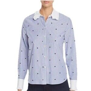 EUC Kate Spade Broome Street Blue White Striped Stars Collar Button Shirt Size M